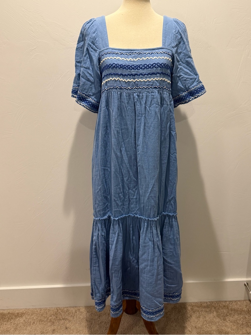 Aspiga Square Neck Light Blue Midi Dress with Trim 100% Organic Cotton